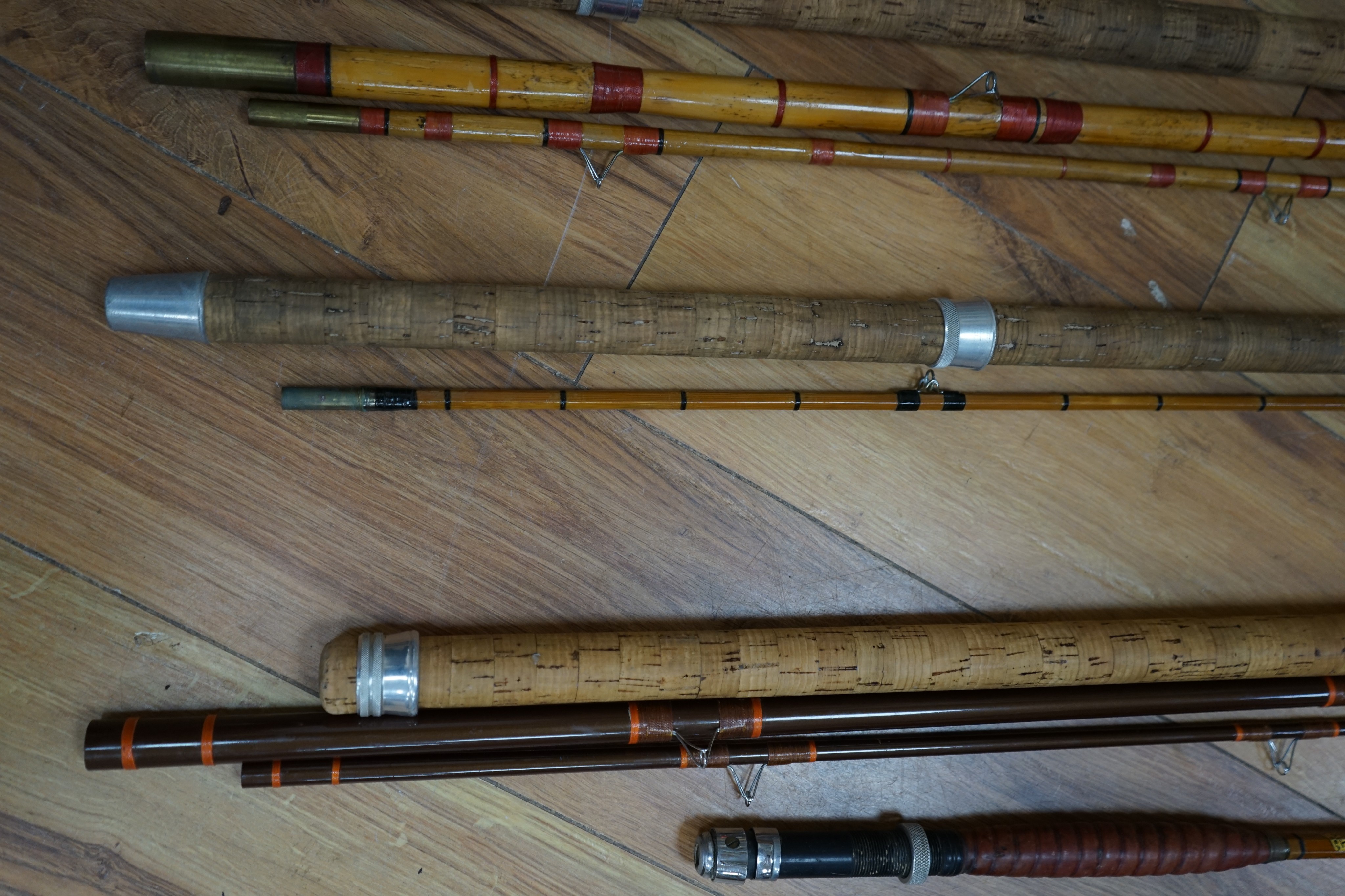 A collection of mixed split cane fishing rods, Les Compton, Elasticane, Carton-James and another (4)